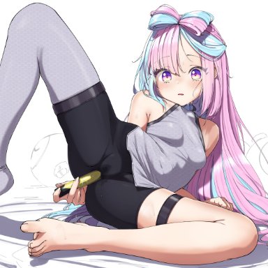 pokemon, pokemon (game), pokemon sv, iono (pokemon), bangs, bare shoulders, barefoot, black shorts, blue hair, blush, bow-shaped hair, breasts, clothed masturbation, crotch, feet