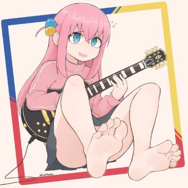 bocchi the rock!, gotou hitori, softhanten, blue eyes, clothed, clothing, feet, feet up, foot fetish, foot focus, guitar, hair ornament, pink hair, toes