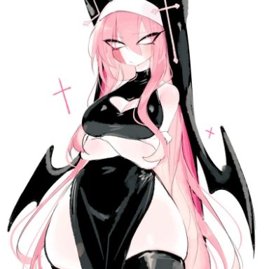 friday night funkin, sarvente (dokki.doodlez), sarvente (friday night funkin), usa37107692, 1girls, arms crossed, blush, boob window, cleavage, female, large breasts, long hair, nun, pink hair, simple background