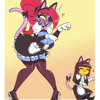 undertale, frisk, undyne, nelljoestar, :3, blush, cat ears, cat tail, eyepatch, maid, maid uniform, wholesome