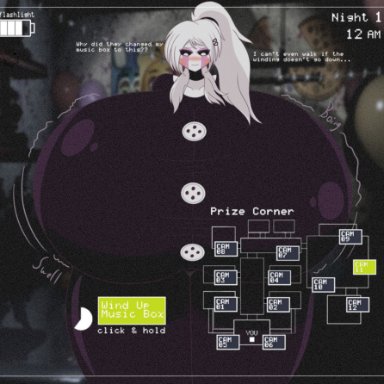 five nights at freddy's, five nights at freddy's 2, five nights in anime, marionette (fnaf), puppet (fnaf), tradicon666, ass expansion, blush, breast expansion, confused, dumptruck ass, game mechanics, gigantomastia, hyper breasts, thick thighs