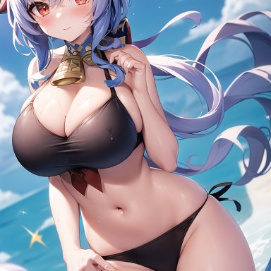 genshin impact, ganyu (genshin impact), stable diffusion, 1girls, alternate breast size, beach, bikini, blue hair, blush, breasts, cleavage, female, horns, large breasts, light-skinned female