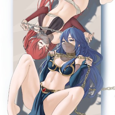 fire emblem, fire emblem awakening, nintendo, star wars, lucina (fire emblem), severa (fire emblem), slave leia (cosplay), pomelomelon1, 2girls, alternate costume, arabian clothes, bangs, bare legs, bare midriff, bare shoulders