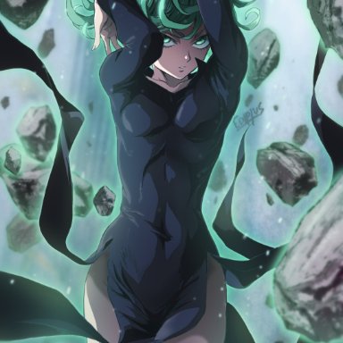 one-punch man, tatsumaki, murata yuusuke, 1girls, almost nude, black dress, breasts, collarbone, covered navel, curly hair, dress, ediptus, female, female focus, green eyes