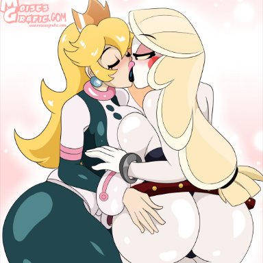 hazbin hotel, mario (series), my hero academia, ochako uraraka (cosplay), princess peach, moisesgrafic, 2girls, alternate costume, ass, big ass, blonde hair, bodysuit, breasts, clothed, clothed female