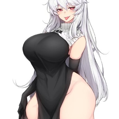 arknights, specter (arknights), rikuguma, big breasts, clothed, long hair, looking at viewer, red eyes, thick thighs, thighs, white hair, tagme