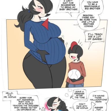 nintendo, pokemon, gardevoir, pok&#233;mon (species), ralts, redditoir, saltyxodium, 1boy, 1girls, alternate hair color, alternate hairstyle, anthro, big belly, big breasts, black hair