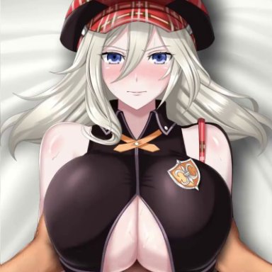 god eater, alisa ilinichina amiella, juno (artist), 1boy, 1girls, alternate breast size, bed, big breasts, blue eyes, blush, bouncing breasts, breast hold, breasts, cleavage, closed eyes