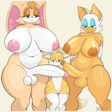 sega, sonic (series), sonic the hedgehog (series), miles prower, rouge the bat, tails, tails the fox, vanilla the rabbit, duq, 1boy, 2futas, anthro, areola, balls, bat