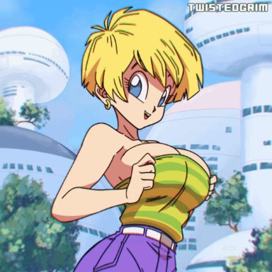 dragon ball z, erasa, twistedgrim, areola, big areola, big breasts, big nipples, blonde hair, blue eyes, cleavage, clothed, clothed female, earring, exhibitionism, flashing