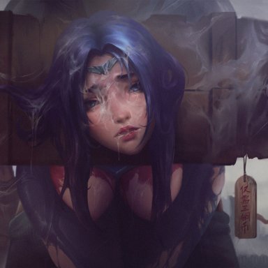 league of legends, league of legends: wild rift, irelia xan, katarina, ying (artist), battle stance, big ass, blades, blue eyes, blue hair, child bearing hips, cum on face, dumptruck ass, fat ass, humiliation