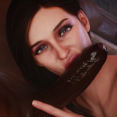 the witcher (series), the witcher 3: wild hunt, yennefer, echiee, 1boy1girl, balls touching, black hair, cock worship, dark-skinned male, grabbing balls, interracial, light-skinned female, lips, lipstick on penis, looking at viewer