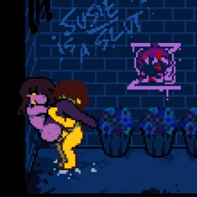 deltarune, undertale (series), kris (deltarune), susie (deltarune), deezairah, 1boy, 1girls, against surface, against wall, anthro, ass, ass up, back alley, ball squish, balls