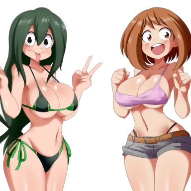 my hero academia, ochako uraraka, tsuyu asui, lucyfercomic, big breasts, breasts, female, thick thighs