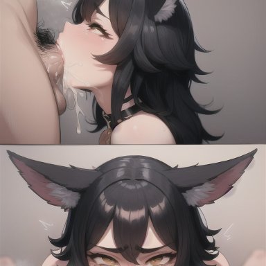 original, original character, nai diffusion, stable diffusion, aiwildly, animal ears, black hair, cock, collar, cum, cum drip, deepthroat, fellatio, long hair, looking at viewer