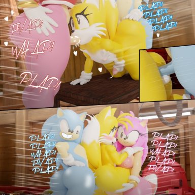 sonic (series), sonic the hedgehog (series), amy rose, sonic the hedgehog, tails, xscapism, 1futa, 2boys, all fours, anal, anthro, balls, big ass, big penis, breasts