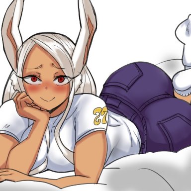 my hero academia, miruko, rumi usagiyama, thelorope, animal ears, ankle socks, anklehighs, ass, bangs, bed sheet, blush, breasts, bubble ass, bubble butt, closed mouth