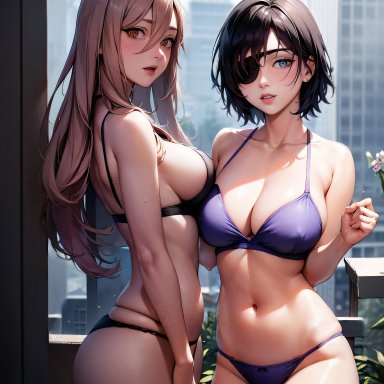 chainsaw man, devil (chainsaw man), himeno (chainsaw man), power (chainsaw man), stable diffusion, 2girls, anime character, balcony, bare legs, bare midriff, bare shoulders, big breasts, black bra, black hair, black panties