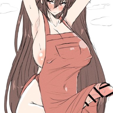 character request, knstgg (knstsnds), 1futa, apron, apron only, armpit, armpit fetish, armpits, arms behind head, arms up, belly button, big penis, blush, blushing, bottomless