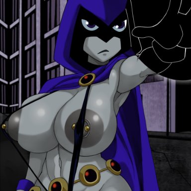 dc comics, teen titans, raven, raven (dc), ttrop, 1girls, barely clothed, belt, big breasts, bikini, cape, cloak, clothing, demon girl, micro bikini