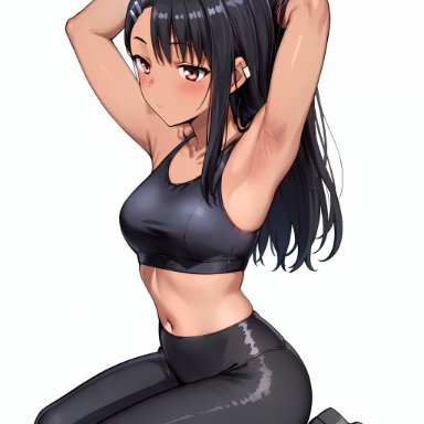 please don't bully me, nagatoro, hayase nagatoro, stable diffusion, whirlpai, 1boy, adjusting hair, armpits, black hair, breasts, dark-skinned female, dark skin, gym clothes, kneeling, midriff, petite