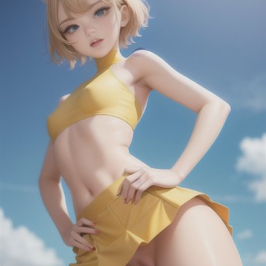 stable diffusion, cat ears, cute, midriff, navel, no panties, petite, pussy, short hair, skirt, small breasts, ai generated