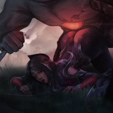 league of legends, league of legends: wild rift, irelia xan, sion, ying (artist), ass up, big ass, blue eyes, blue hair, child bearing hips, defeated, defeated heroine, dumptruck ass, face down ass up, fucked from behind