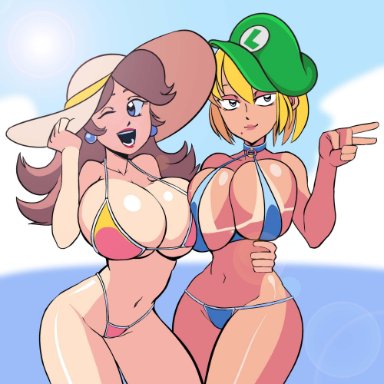 mario (series), metroid, nintendo, luigi, princess daisy, samus aran, ayaiken, 1boy, 2girls, beach, beach hat, big breasts, bikini, bimbo, blonde hair