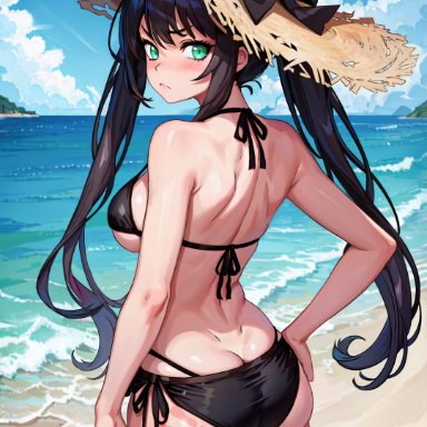 genshin impact, mona (genshin impact), unstableboiler, 1girls, alternate breast size, angry, ass, beach, bikini, black bikini, black hair, blush, breasts, bubble butt, embarrassed