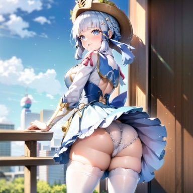 genshin impact, kamisato ayaka, alternate costume, ass, blue eyes, blue hair, blush, breasts, dress, female, from behind, hair ornament, hat, huge ass, large breasts