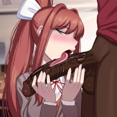 doki doki literature club, melondraws, 1boy, 1girls, dark-skinned male, dark skin, faceless male, female, green eyes, huge cock, interracial, kneeling, licking penis, light-skinned female, light skin