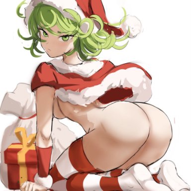 christmas, one-punch man, tatsumaki, neddup, rakeemspoon, 1girls, all fours, ass, ass focus, bag, clenched hands, curly hair, feet, fist, gift