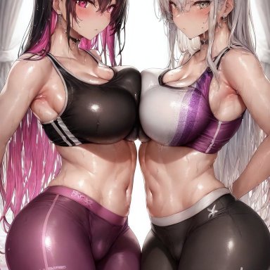 original, original character, holaraai, 2girls, black hair, breasts, female, hazel eyes, hips, huge breasts, light-skinned female, light skin, long hair, midriff, pink eyes