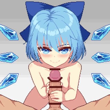 touhou, cirno, furumero, blowjob, blue eyes, blue hair, blue ribbon, cum in mouth, cum on tongue, handjob, licking, licking penis, open mouth, small breasts, tongue out
