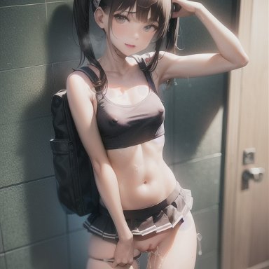 stable diffusion, backpack, breasts, cum, cum in pussy, headband, midriff, navel, petite, pussy, school uniform, schoolgirl, see-through clothing, skirt, small breasts