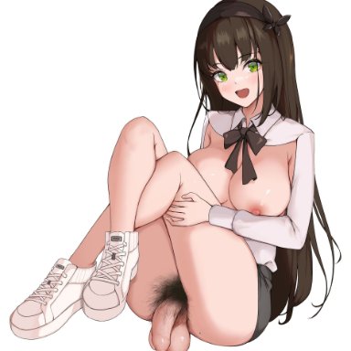 anonymous artist, 1futa, areolae, balls, bangs, breastless clothes, breasts, breasts out, brown hair, clothed, clothing, cock-tail, crossed legs, female pubic hair, flaccid