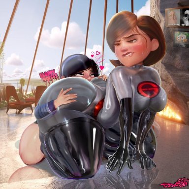 disney, pixar, the incredibles, bunger, elastigirl, helen parr, violet parr, tudduls, 2girls, all fours, anilingus, arched back, armwear, ass, ass focus