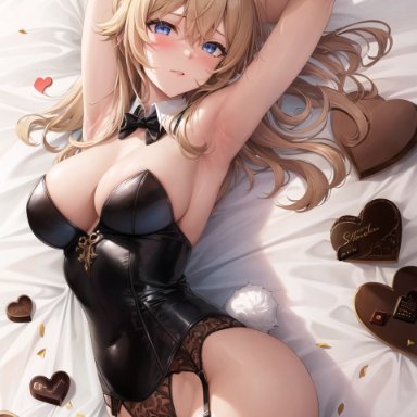 genshin impact, valentine's day, jean gunnhildr, stable diffusion, 1girls, armpits, arms behind back, arms up, blonde hair, blue eyes, bunny ears, bunny girl, bunnysuit, curvaceous, curvy