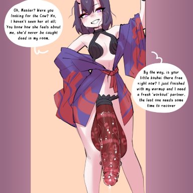 fate/grand order, fate (series), shuten douji (fate/grand order), borvar, 1futa, after fellatio, after sex, balls, barbed penis, breasts, bumpy penis, clothed, clothing, dickgirl, flaccid