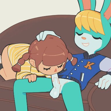 animal crossing, nintendo, sasha (animal crossing), fridge (artist), 1boy, 1girls, blonde, blonde hair, blonde male, blowjob, blue body, blue jacket, brown hair, bunny boy, bunny ear