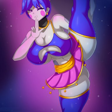 five nights at freddy's, five nights in anime, fnaf, ballora, ballora (fnafsl), purplehorny, anime style, ballerina, big breasts, blue hair, blush, cleavage, earrings, hair bun, humanized