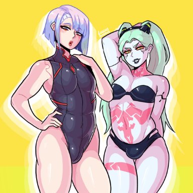 cyberpunk: edgerunners, cyberpunk 2077, lucy (edgerunners), lucyna kushinada, rebecca (edgerunners), loggus doggus, bikini, black lipstick, bob cut, bulge, bulge through clothing, crossdressing, cybernetics, femboy, green hair