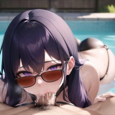 genshin impact, raiden shogun, blowjob, cum, cum in mouth, fellatio, oral, pool, poolside, pov, purple eyes, purple hair, sunglasses, ai generated, censored penis