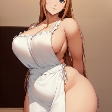 bleach, inoue orihime, nai diffusion, novelai, stable diffusion, apron, apron only, arms behind back, barely clothed, bbw, big breasts, female, female only, functionally nude, huge breasts