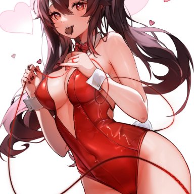 genshin impact, valentine's day, hu tao (genshin impact), ushiko xiansheng, 1girls, alternate breast size, bare thighs, breasts, brown hair, bunnysuit, leotard, playboy bunny, red eyes, small breasts, string panties