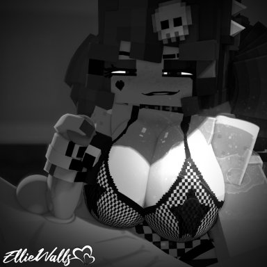 minecraft, ellie walls, odysseyellie, 1boy, 1girls, big breasts, biting lip, breasts, busty, clothing, daisy dukes, face tattoo, female, fishnet shirt, fishnets