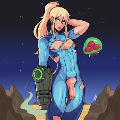 metroid, metroid (creature), samus aran, zero suit samus, loggus doggus, 1boy, beauty mark, blonde hair, crossdressing, damaged clothes, exposed nipples, exposed penis, femboy, flaccid, flaccid penis