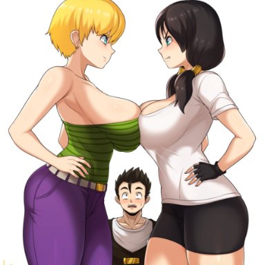 dragon ball, dragon ball z, erasa, son gohan, videl, jmg, 2girls, big breasts, black hair, blonde hair, breast press, breasts, female, female focus, hand on hip