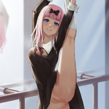 fujiwara chika, mool yueguang, anus, arms up, bangs, black dress, blue eyes, blunt bangs, blush, bow, clothes lift, dress, female, flexible, foot grab