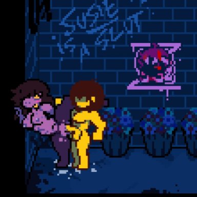 deltarune, undertale (series), kris (deltarune), susie (deltarune), deezairah, against surface, against wall, anthro, ass, ass up, back alley, ball squish, balls deep, bodily fluids, bouncing butt